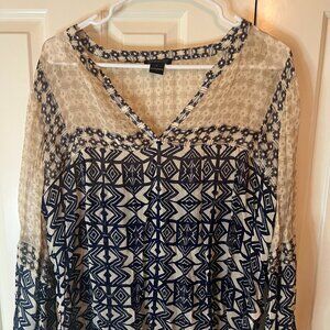 Lucky Brand Sheer Navy/Tan Blouse Size Large